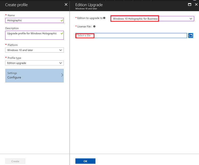 In Intune, enter the XML file name that includes the Holographic for Business license information.