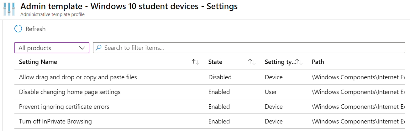 Screenshot that shows the configured ADMX settings are listed at the top in Microsoft Intune.
