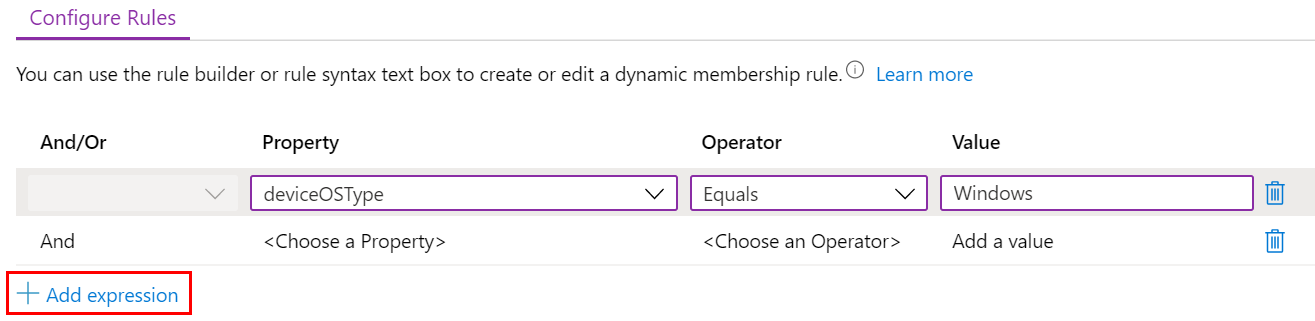 Screenshot that shows how to create a dynamic query, and add expressions in a Microsoft Intune administrative template.