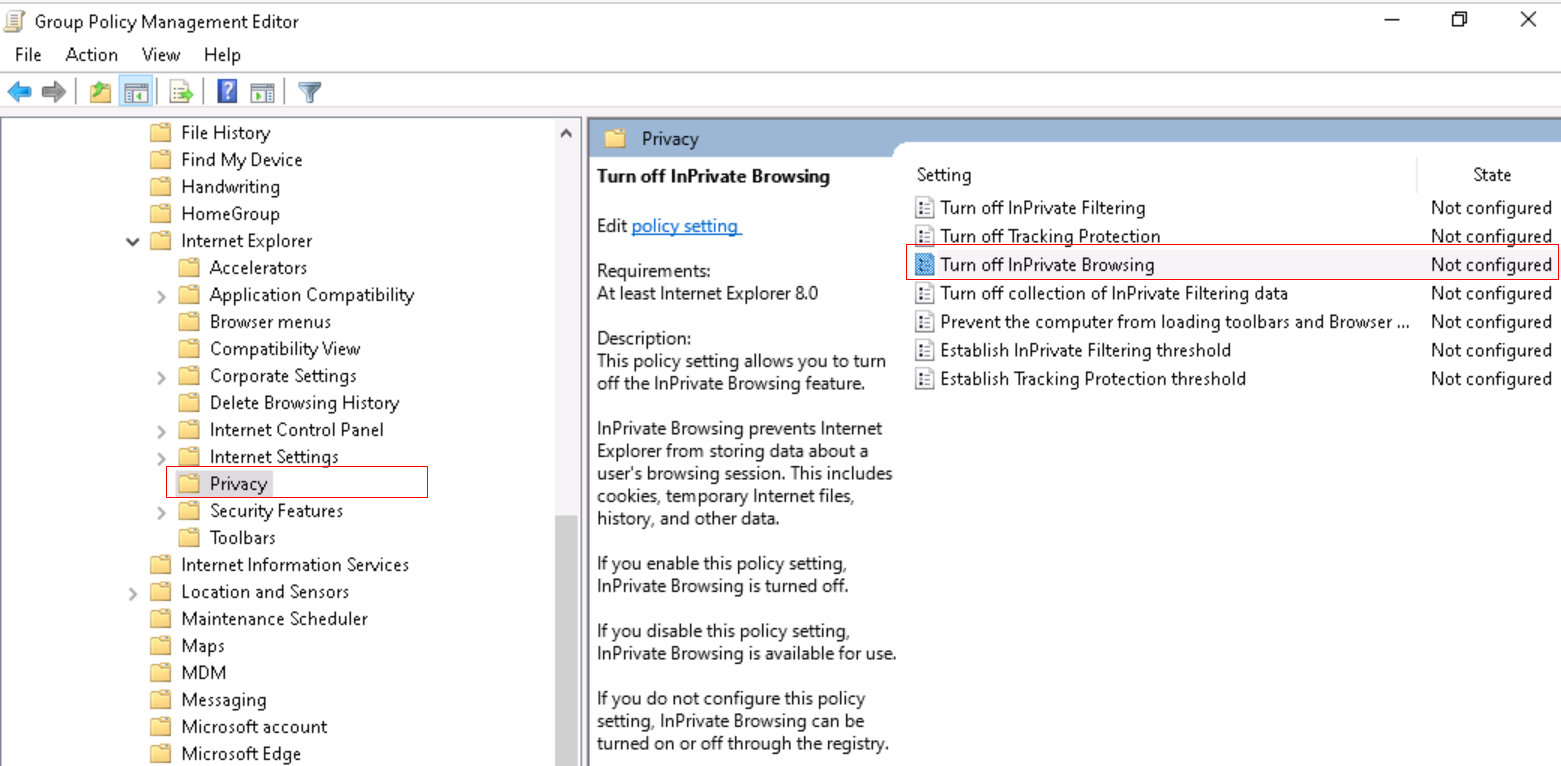 Screenshot that shows how to turn off InPrivate Browsing in Internet Explorer using ADMX template.