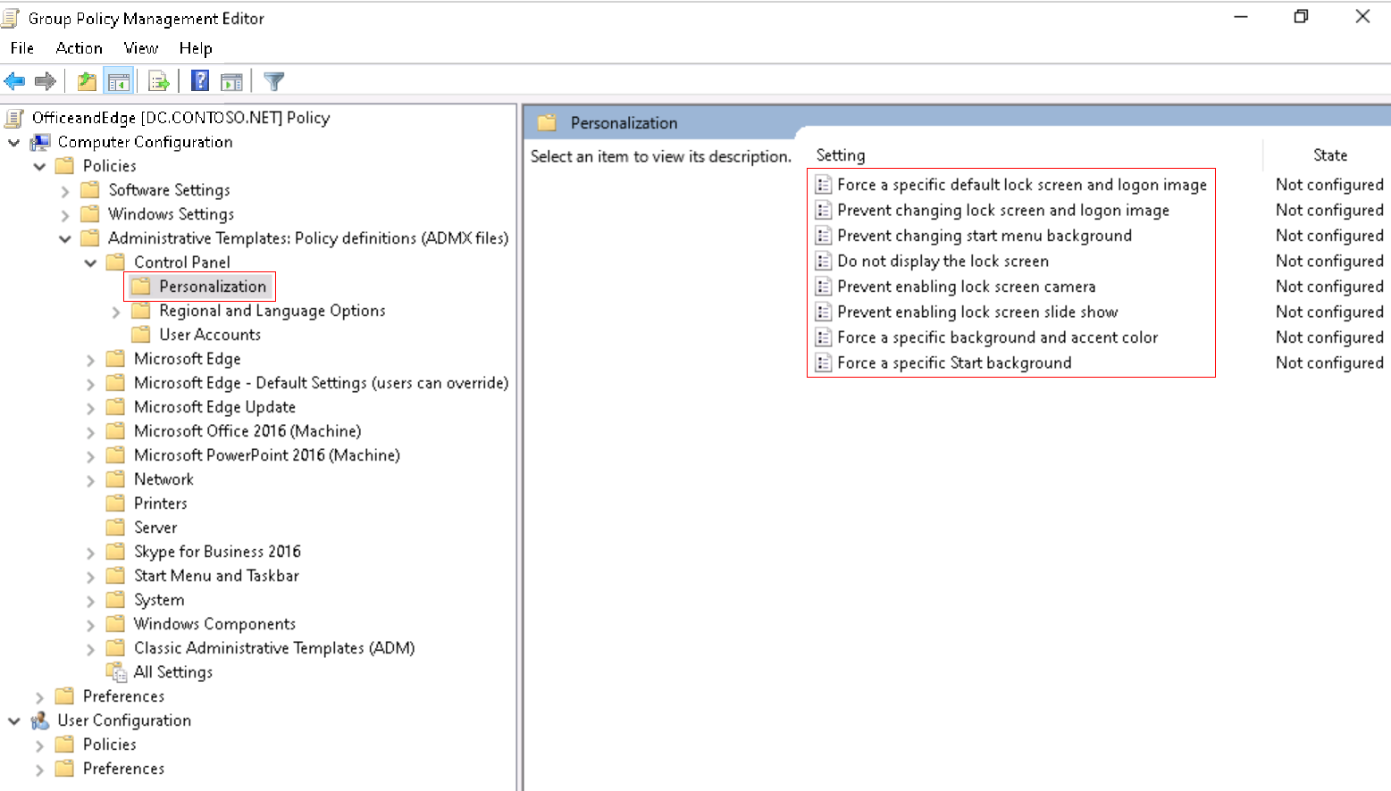 Screenshot that shows how to expand Computer Configuration in on-premises Group Policy Management Editor, and go to Personalization.