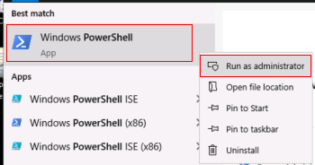 Screenshot that shows how to run Windows PowerShell as an administrator.