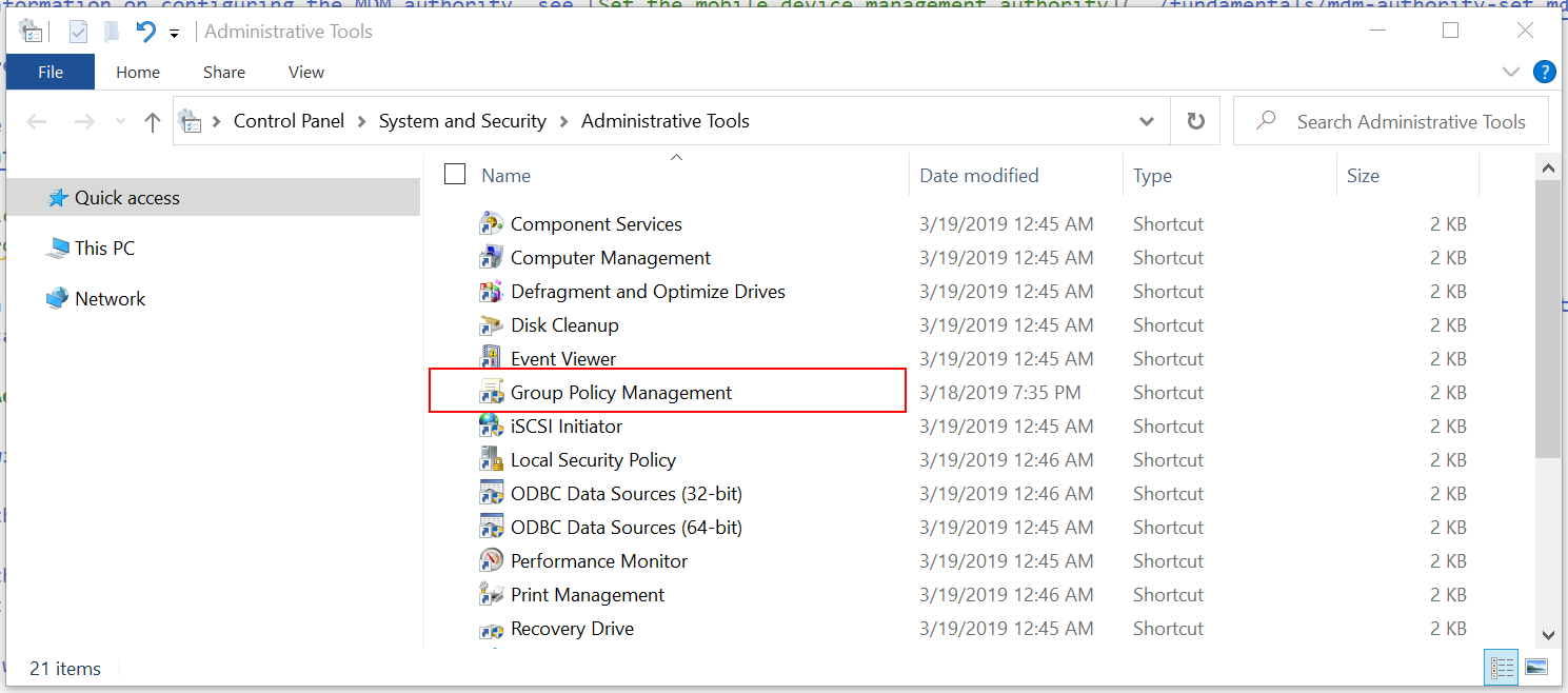 Screenshot that shows the Windows Administrative Tools apps, including the Group Policy Management app.