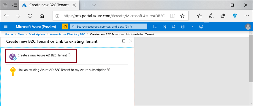 Azure portal option to create new Azure AD B2C Tenant.