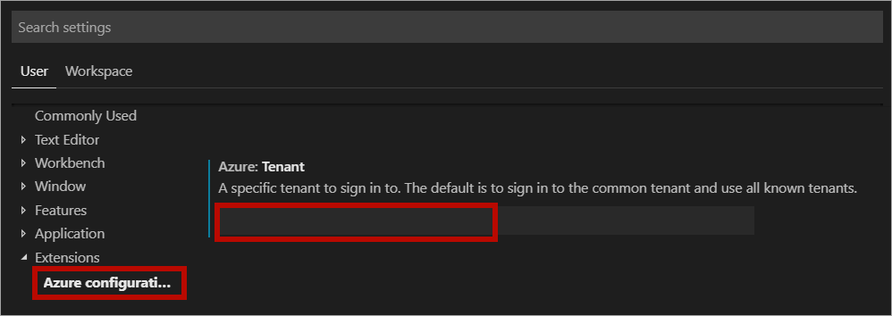 Add tenant ID to Visual Studio Code Azure extension configuration.