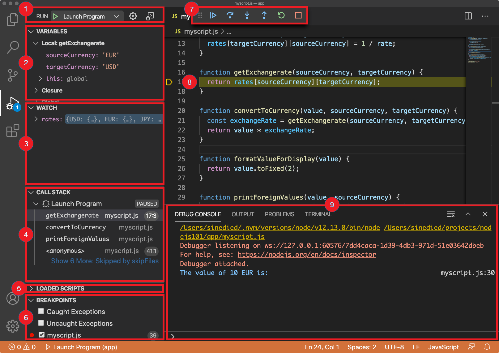 Screenshot of Visual Studio Code debugger overview.