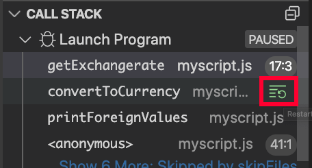 Screenshot of the Restart frame button in the Visual Studio Code call stack panel.