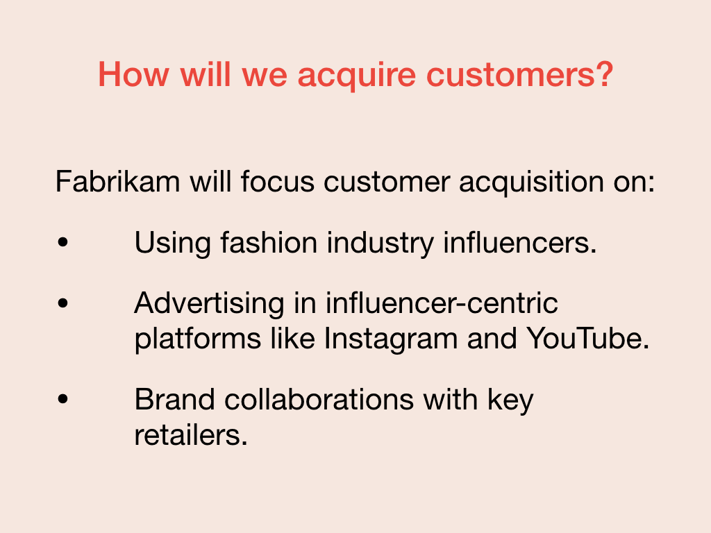 Slide detailing Fabrikam's strategy for acquiring customers.