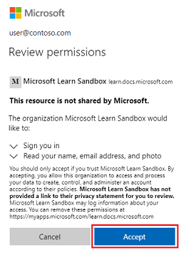 Screenshot that shows the sandbox, with permissions details and the Accept button highlighted.