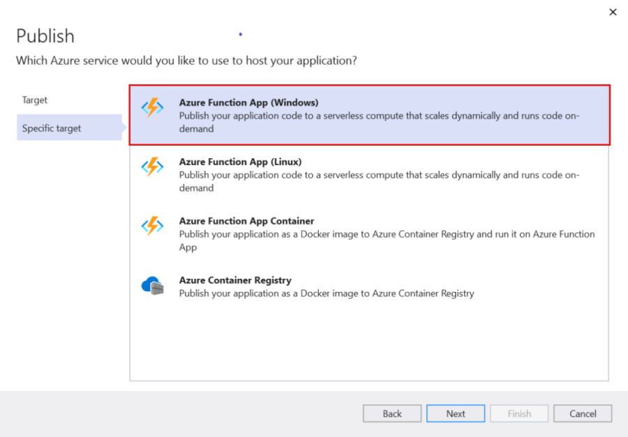 Screenshot that shows the Azure Functions App selected for the Publish specific target.