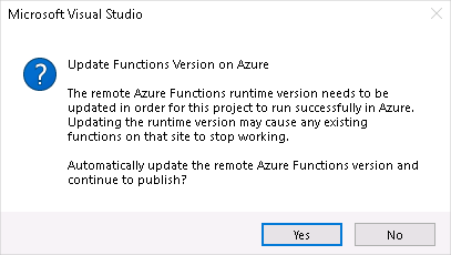 Screenshot that shows the update Azure Functions dialog.