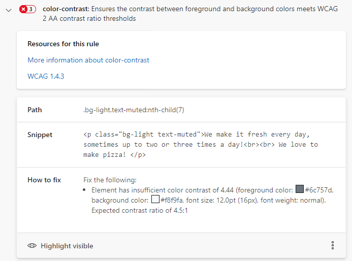 Screenshot that shows details of a color contrast issue in Accessibility Insights for Web.