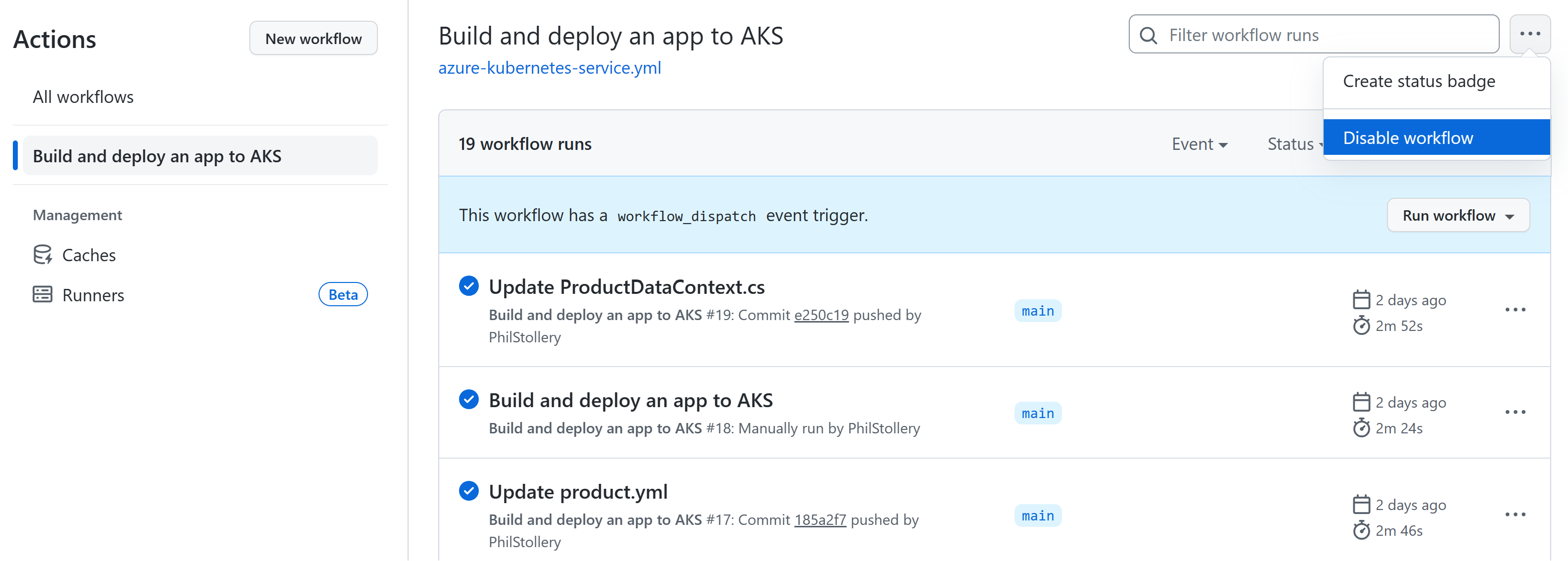 A screenshot showing the Disabled workflow menu option for a GitHub Action workflow.