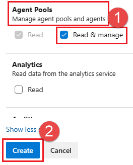 Screenshot of selecting agent pool permissions for a personal access token.