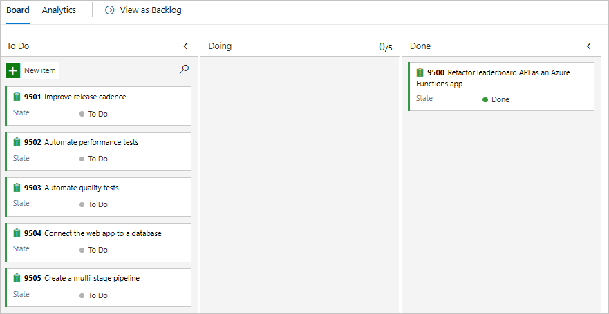 A screenshot of Azure Boards, showing the card in the Done column.