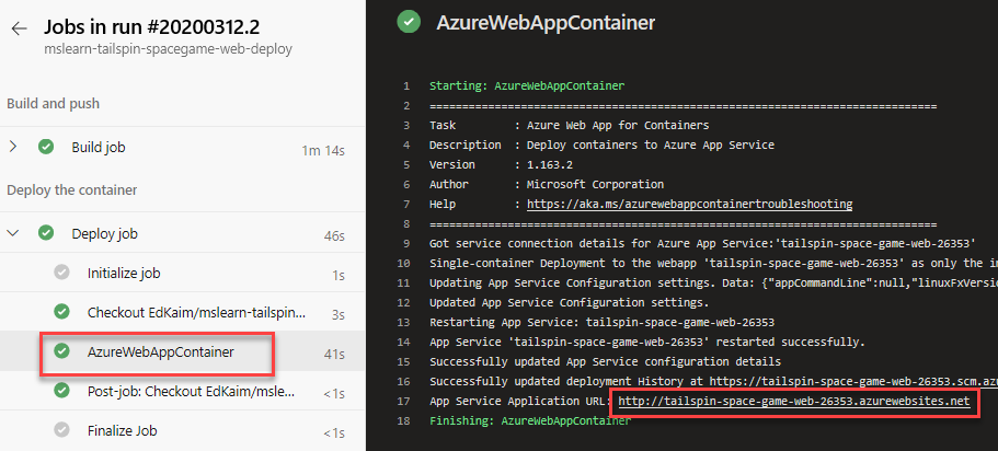 A screenshot of Azure Pipelines showing the location of the web site URL.