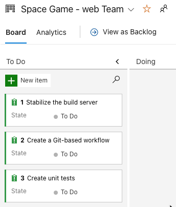 Azure Boards showing the initial three tasks