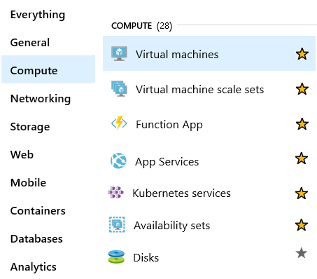 Screenshot of the Azure portal compute services page that includes VMs and containers.
