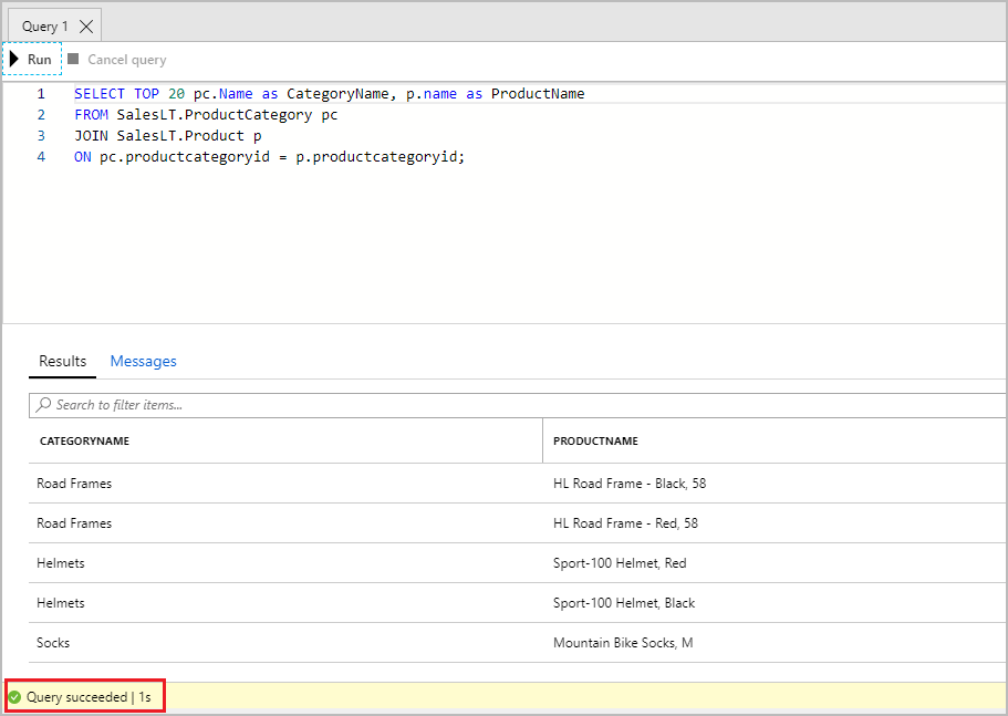Screenshot of the database query editor, showing the SQL code ran successfully and the output.