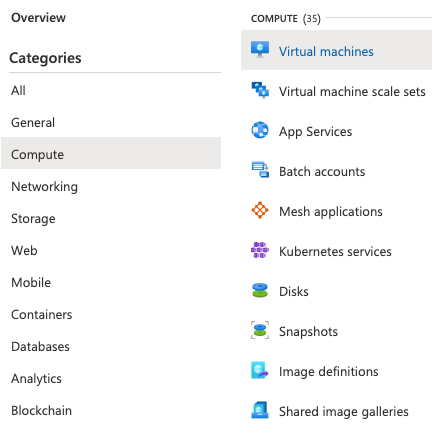 A screenshot of the Azure portal showing many service categories. The Compute category is selected, which reveals compute services.