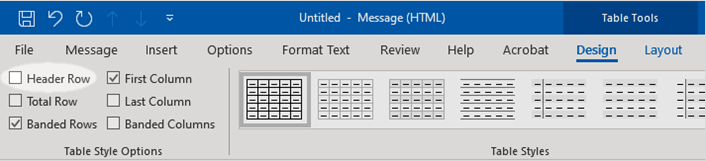Screenshot of Header Row not checked in Outlook.