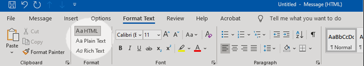 Screenshot that shows HTML selected in the Outlook toolbar.