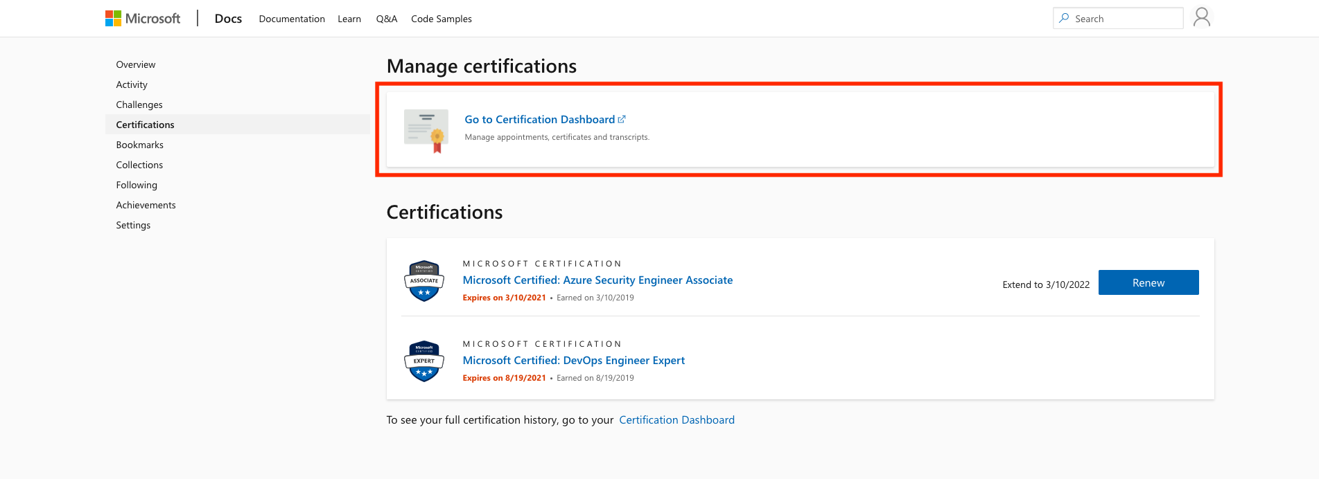 Access certification dashboard in the certifications section of Microsoft Learn profile