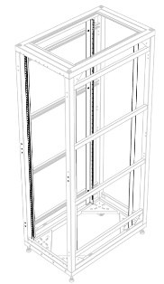 42-unit four-post rack cabinet with sides and doors removed.