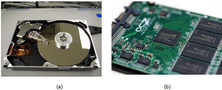 Internal view of hard disk showing rotating platters and read/write head, and SSD with circuitry exposed.