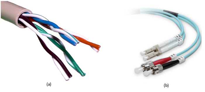 Unshielded twisted pair (UTP) cable showing four pairs of cables, and fiber-optic network cables with LC connectors on top and ST connectors on bottom.