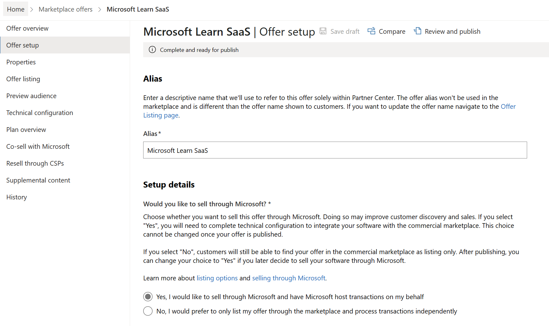 Screenshot of the 'sell through Microsoft' question from the offer setup page in Partner Center.