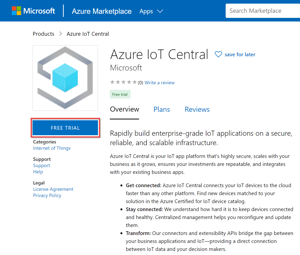 Screenshot of a product listing from Azure Marketplace with emphasis on the free trial button.