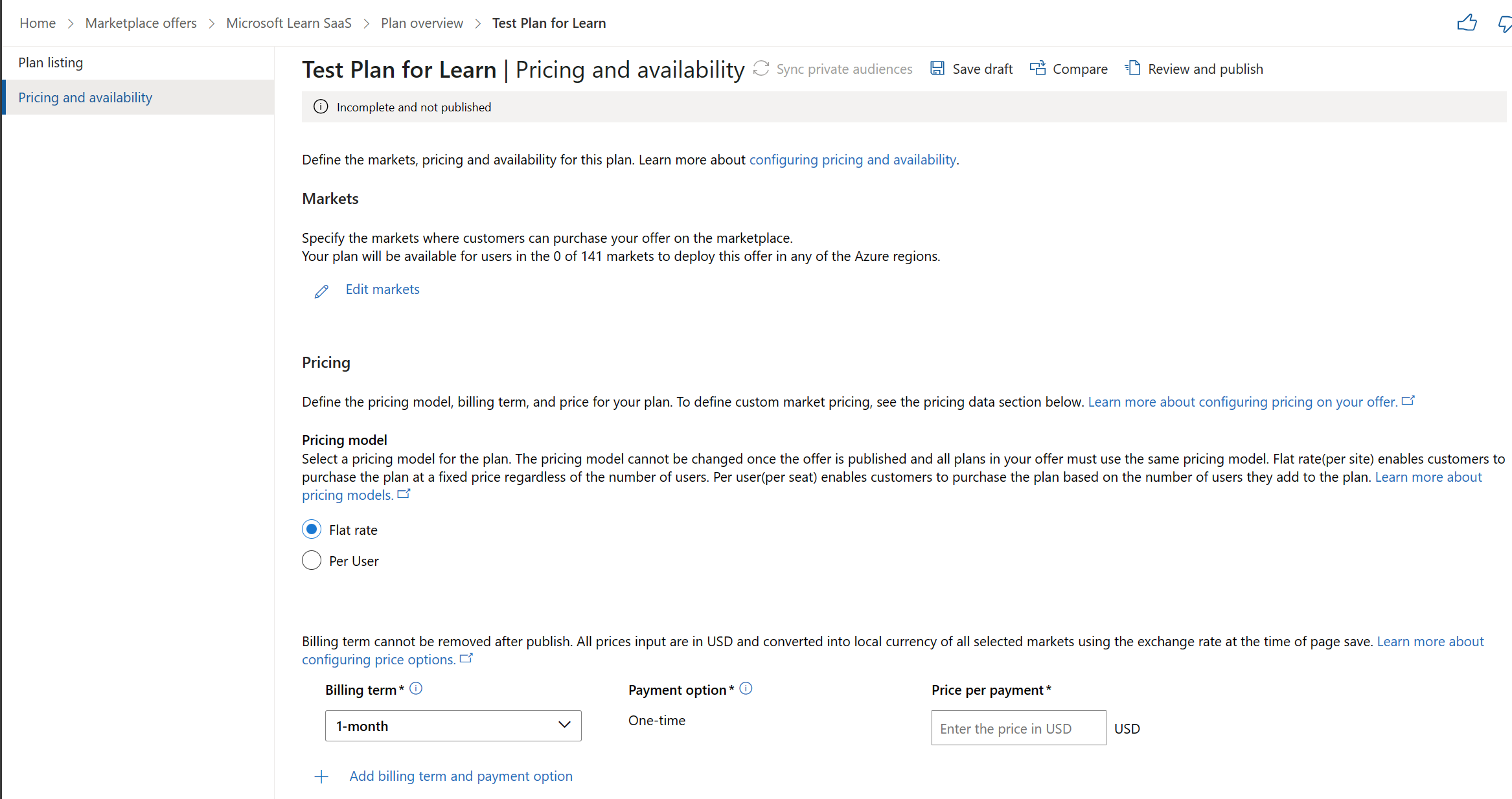 Screenshot of the pricing and availability configuration page in Partner Center.
