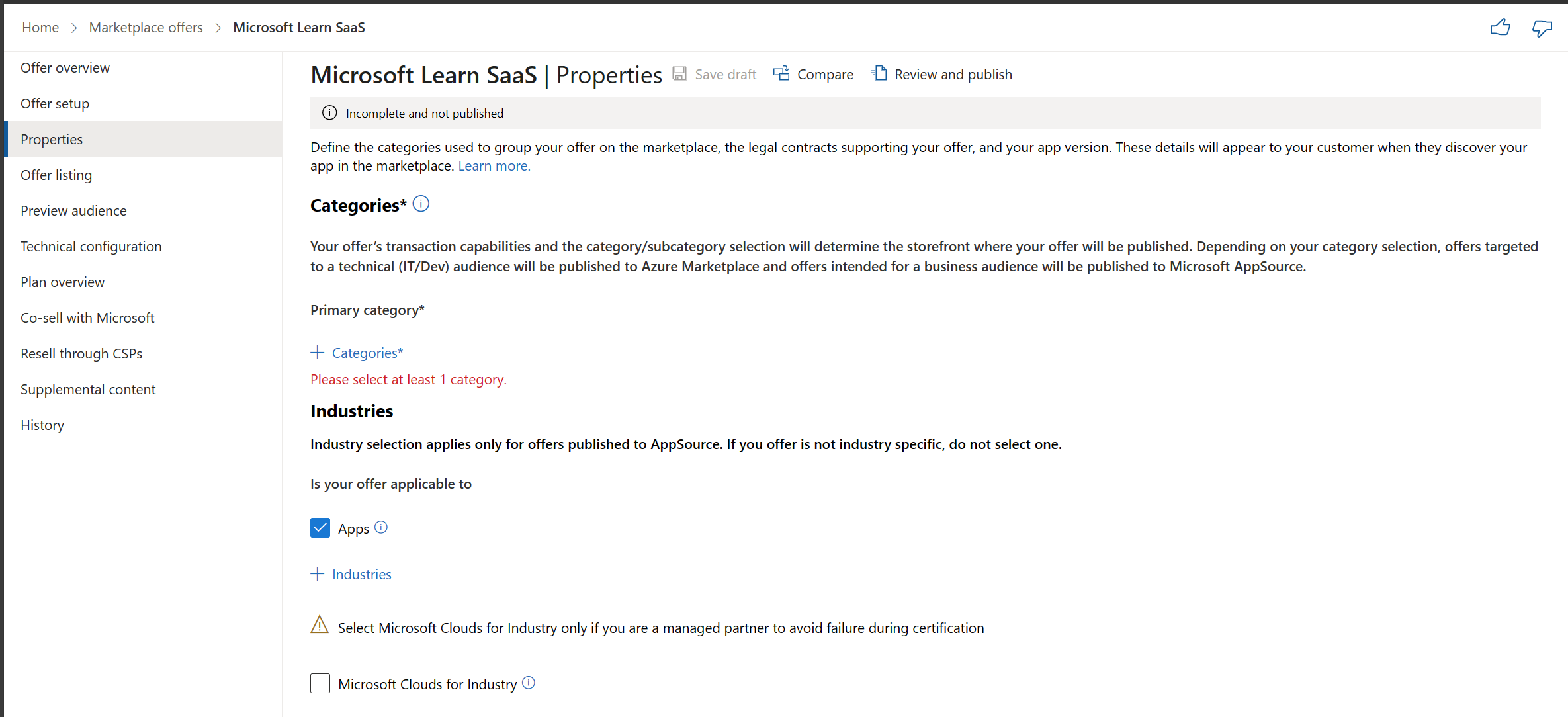 Screenshot of the offer properties fields that are required to publish any SaaS offer to the commercial marketplace.