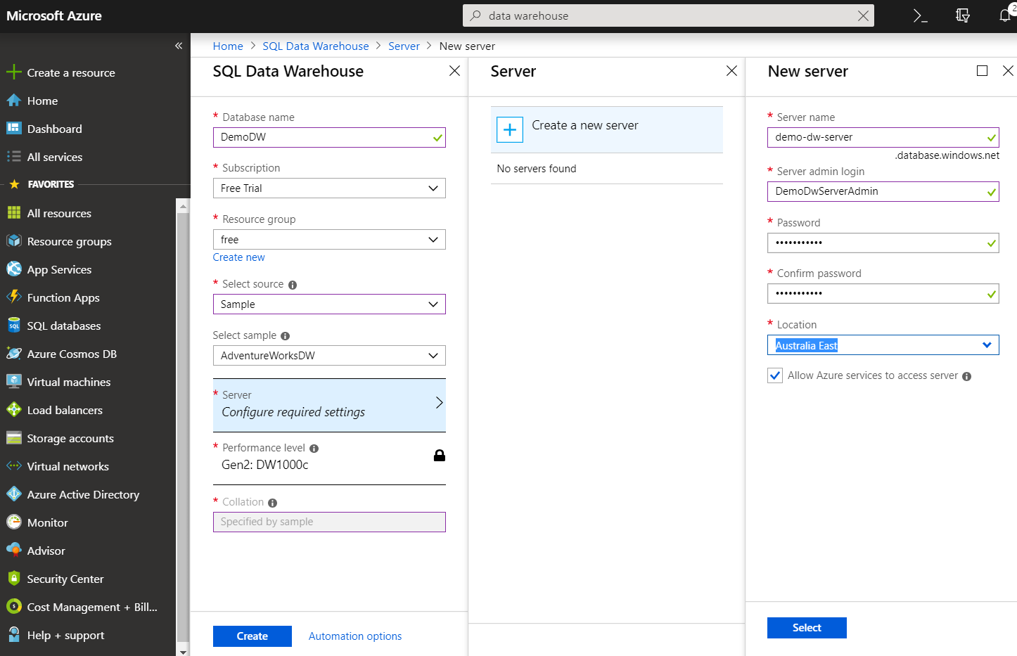 Screenshot of creating a Azure Synapse Analytics data warehouse instance by using the portal.