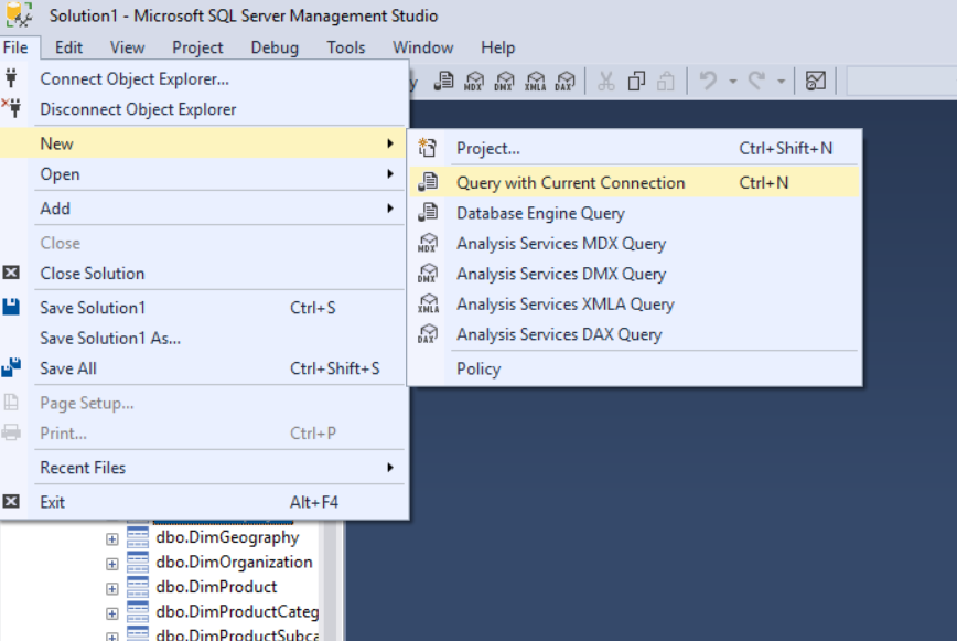 Screenshot of creating a new query with the current connection.