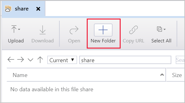 The New Folder button in Storage Explorer.