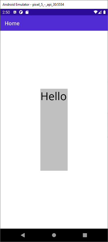 Screenshot showing a label rendered on an Android device that displays the word Hello in the center with a silver background. The label is sized explicitly