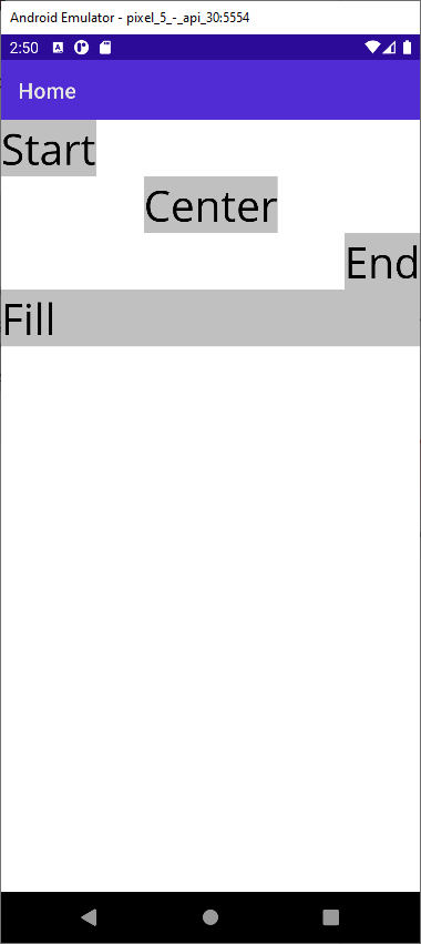 Screenshot showing four labels rendered on iOS with different HorizontalOptions: Start to the left side, Center centered, End to the right side, and Fill spanning the full screen.