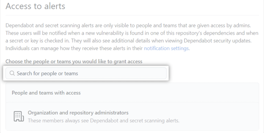 Screenshot of Access to alerts section with Search for people or teams field highlighted.