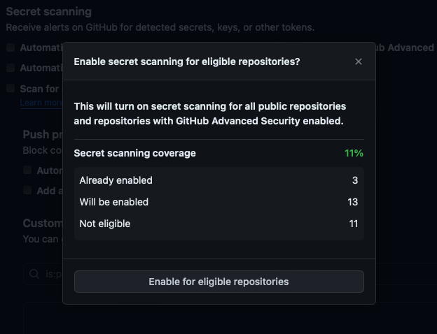 Screenshot of enabling secret scanning in organization settings.