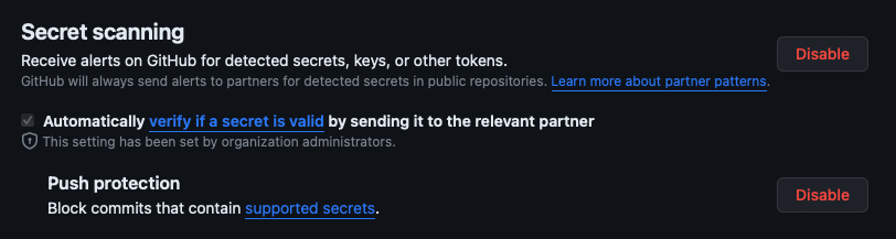 Screenshot of secret scanning enabled in repository settings.