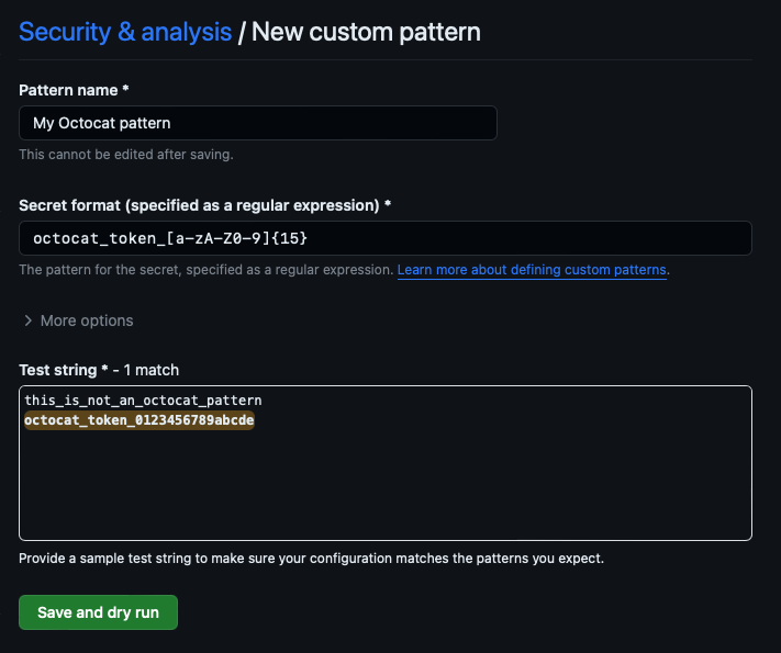 Screenshot of creating a new custom pattern for octocat token.