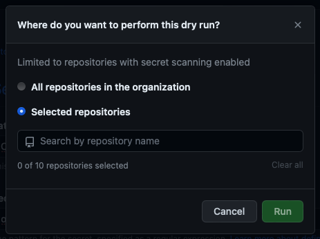 Screenshot of options to select repositories to perform the dry run.