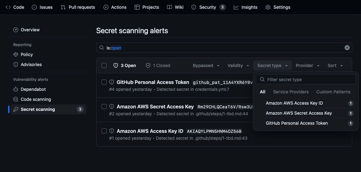 Screenshot of secret type filter in secret scanning alerts.