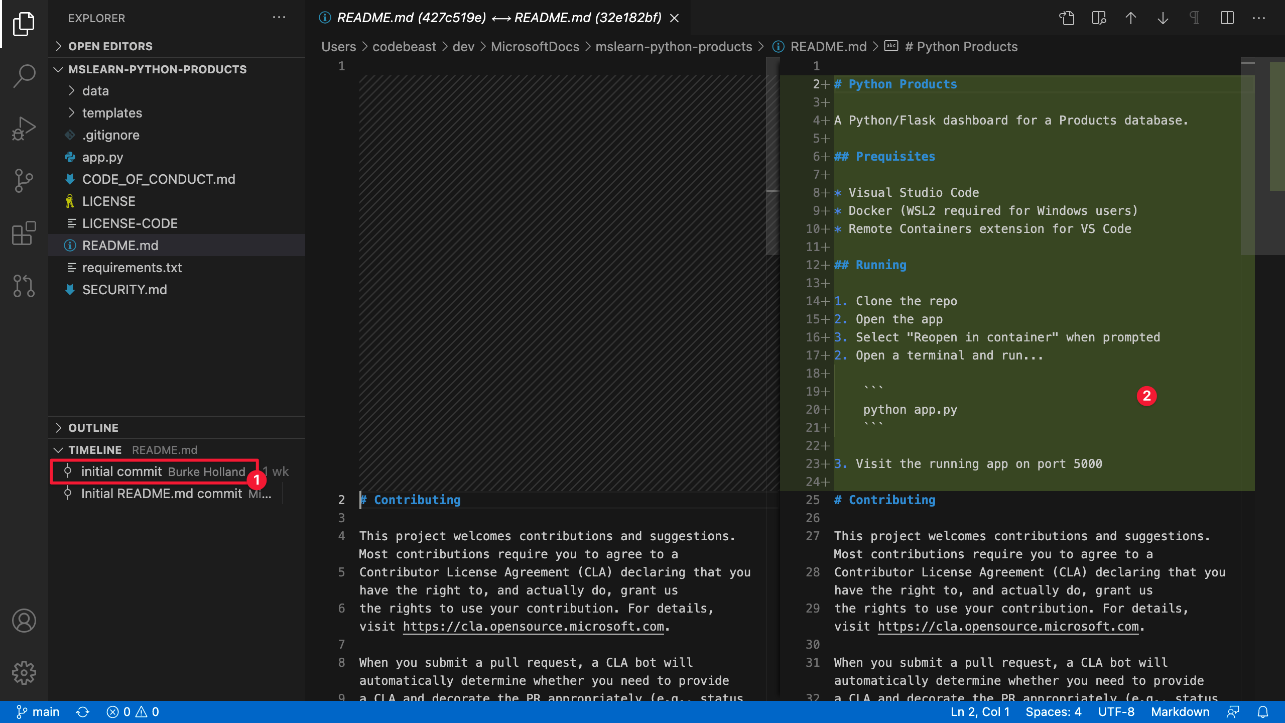Screenshot of the Visual Studio Code diff editor, showing the differences in a file between two commits.