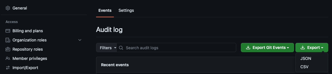 Screenshot of the GitHub interface for exporting an organization's audit log, with the Filters field and the Export drop-down.