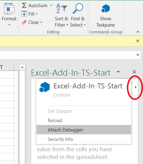Screenshot of personality menu displaying Attach Debugger item in Excel on Windows.