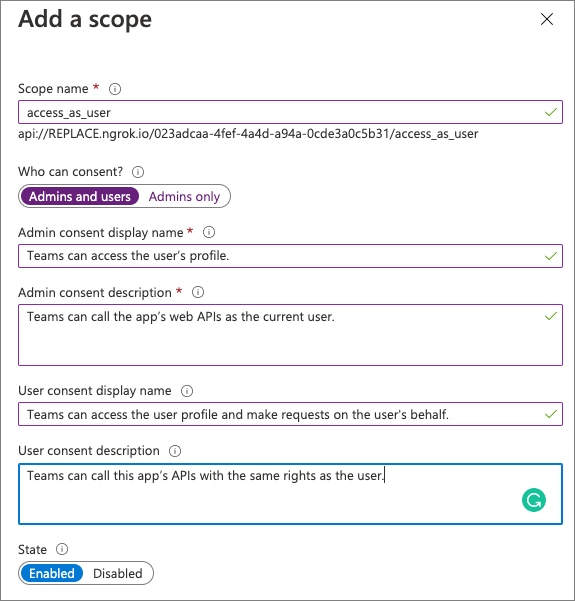 Screenshot of the Expose an API - Add a scope dialog in Azure AD