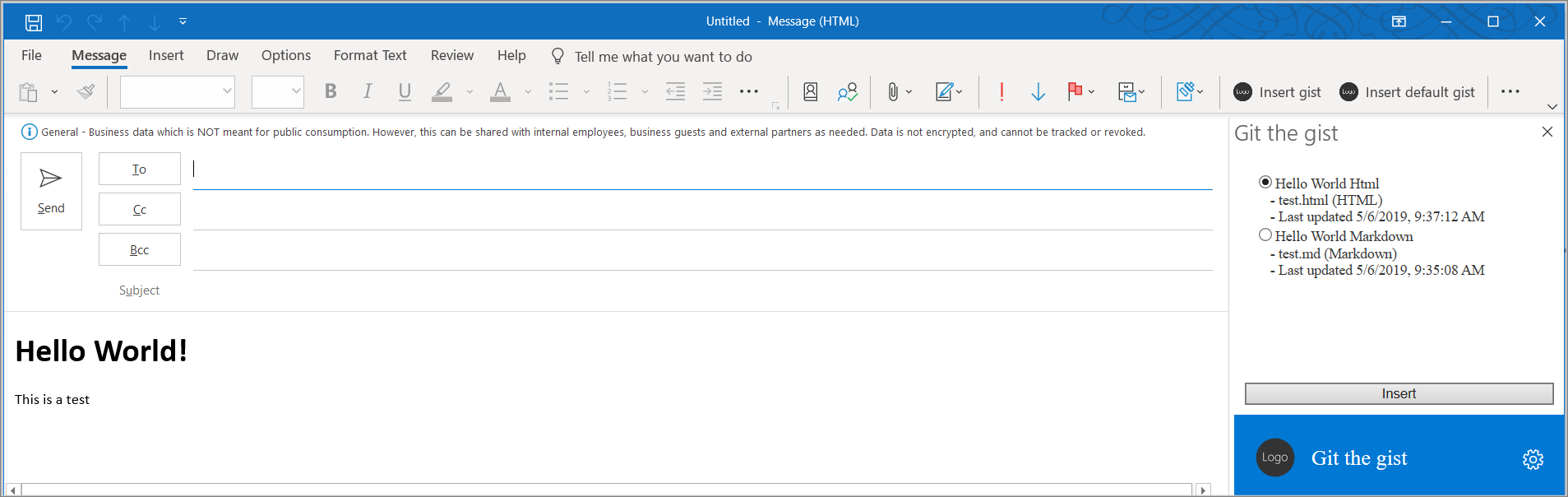 Screenshot of the message compose window and add-in task pane.